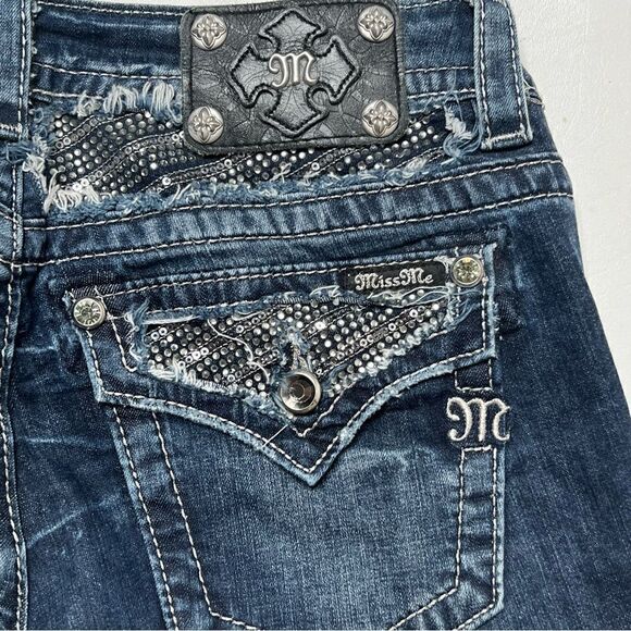 Miss Me | Bedazzled Whispering Effect Factory Distressed Signature Crop Jeans - Picture 8 of 10